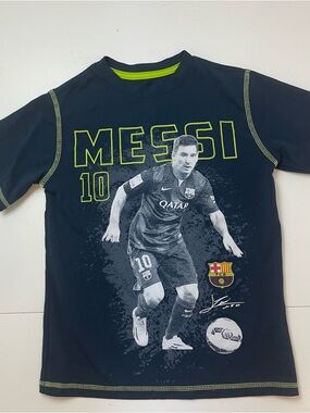 Barcelona Messi #10 Youth Soccer T-Shirt Navy Blue Graphic Tee size Youth S